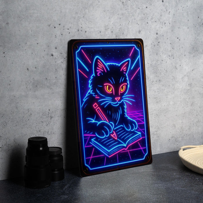 a neon sign with a black cat sitting on top of it