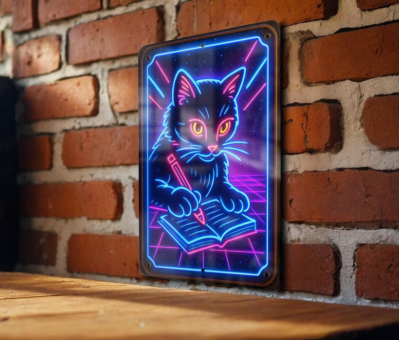 a neon lit picture of a cat sitting on top of a table