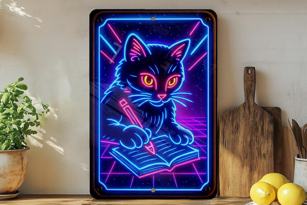 a neon poster of a cat sitting on top of a table