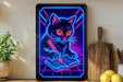 a neon poster of a cat sitting on top of a table