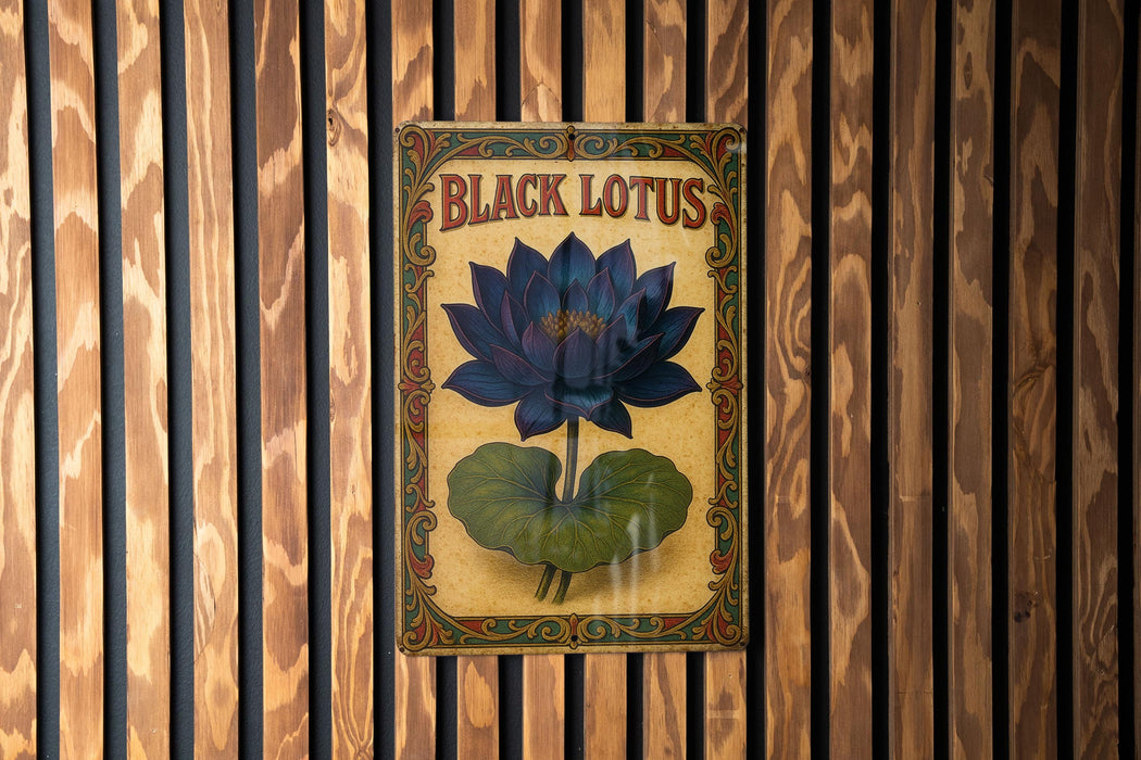a sign on a wooden wall that says black lotus