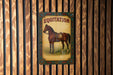 a picture of a horse on a wooden wall