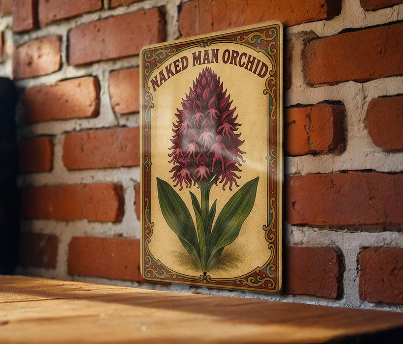 a sign on a brick wall that says naked man orchid