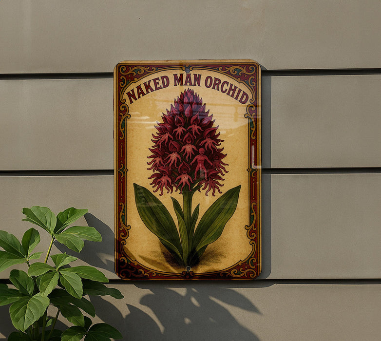 a sign on the side of a building that says naked man orchid