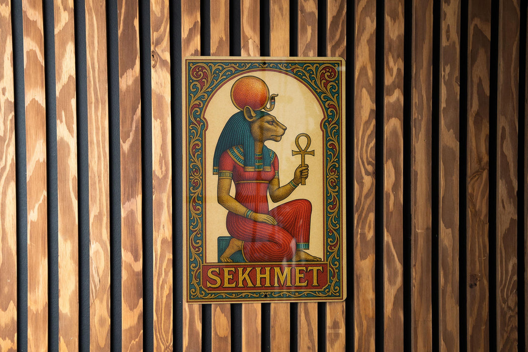 a wooden wall with a painting of an egyptian god