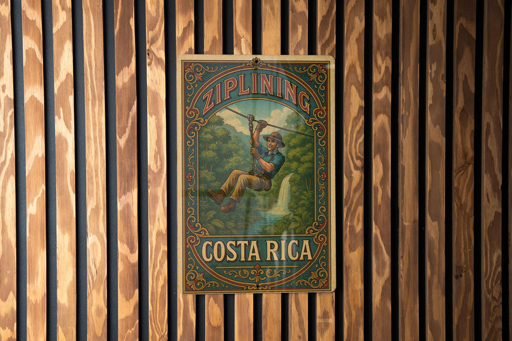 a painting of a man hanging on the side of a wooden wall