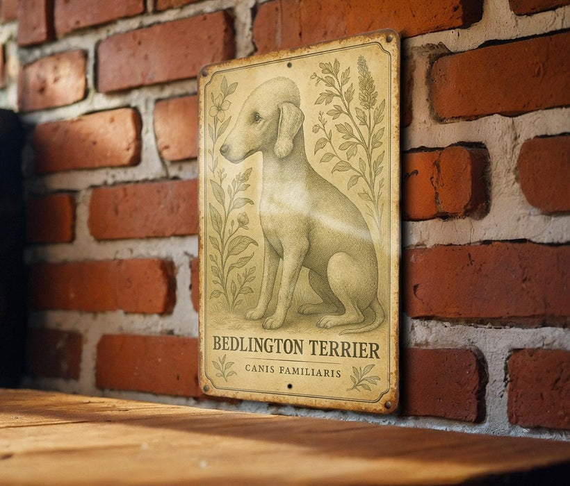 a picture of a bedlington terrier on a brick wall