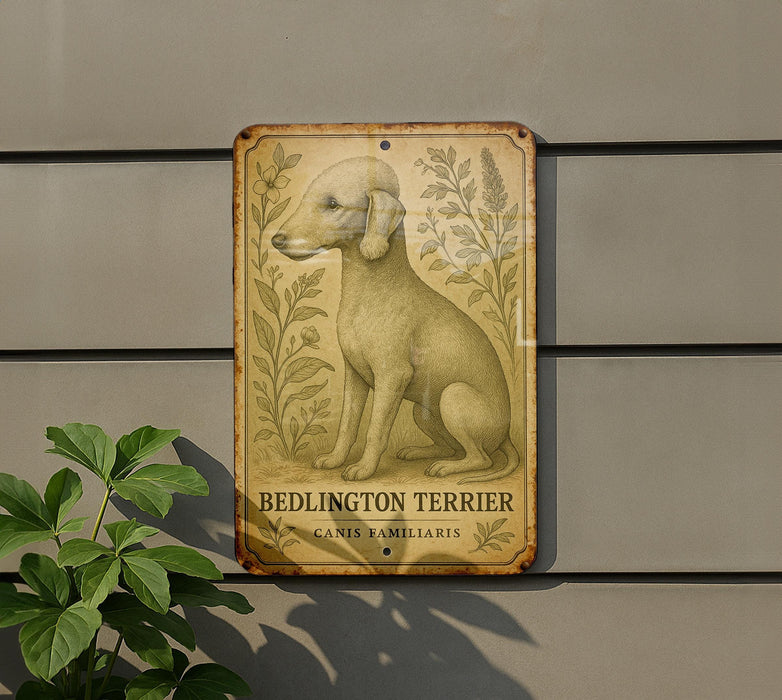 a sign on the side of a building that says bedlington terrier