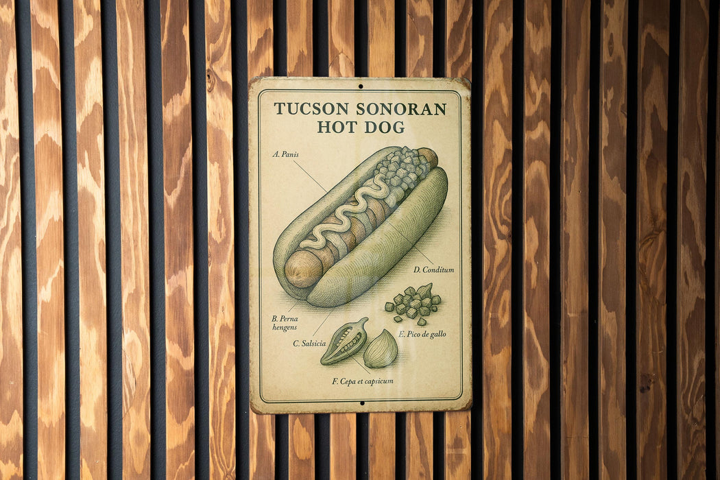 a picture of a hot dog on a wooden wall