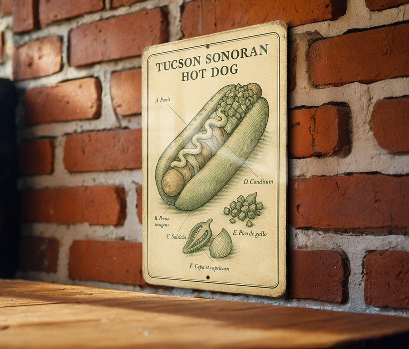a picture of a hot dog on a brick wall