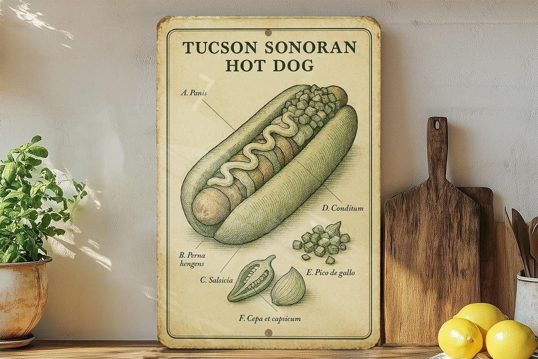a poster of a hot dog on a shelf