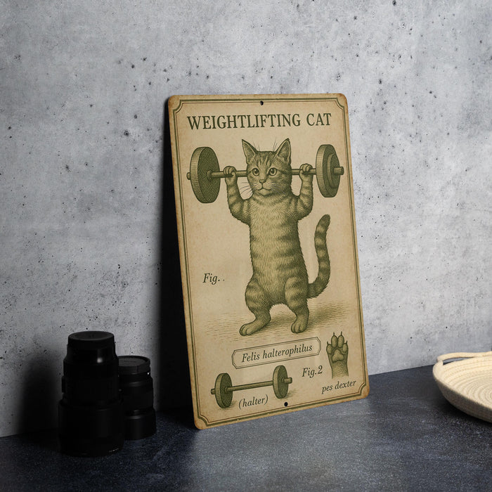 a picture of a cat lifting a barbell