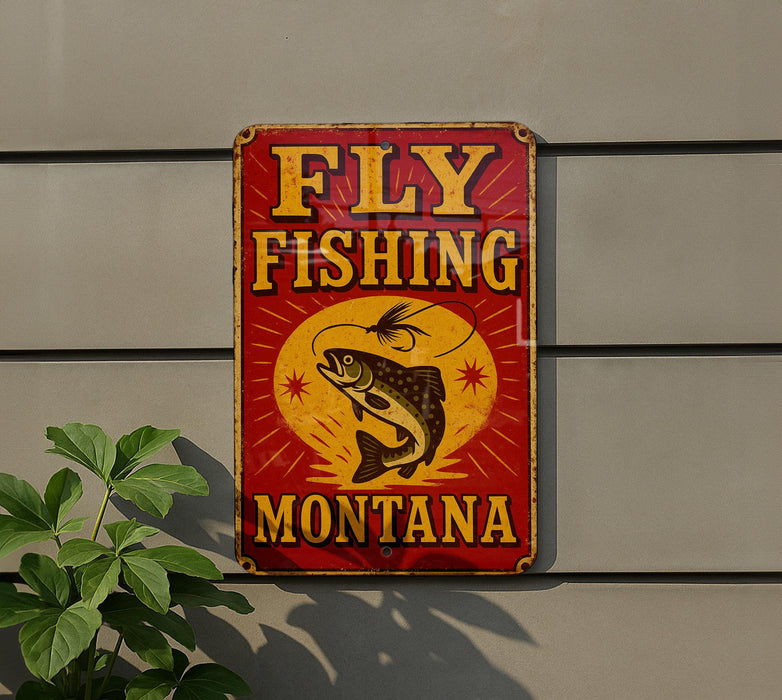 a sign on the side of a building that says fly fishing montana
