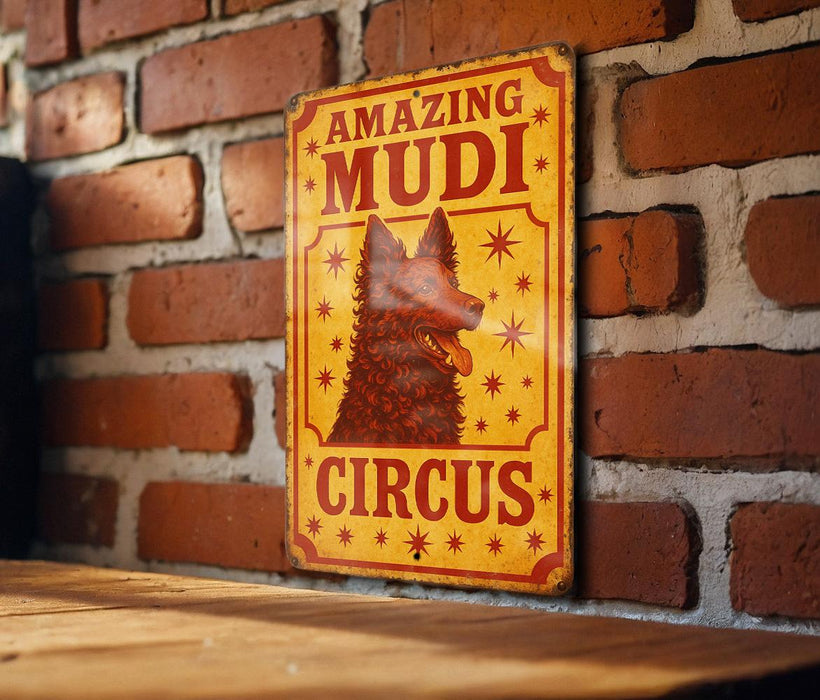 a sign on a brick wall that says amazing mudi circus