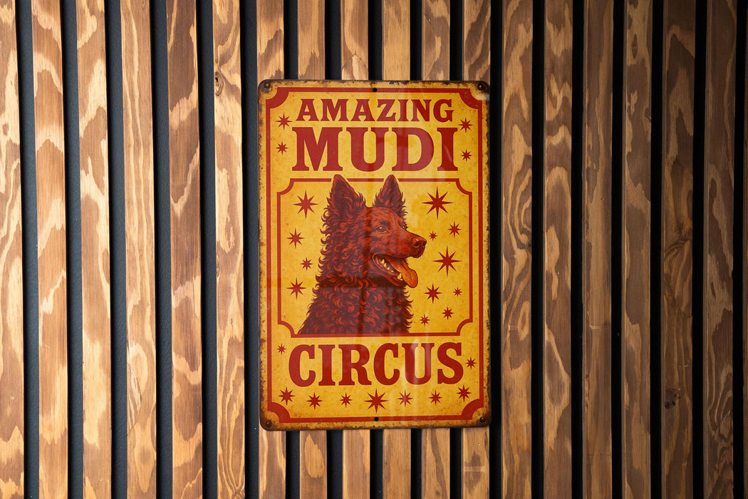 a sign on a wooden wall that says amazing mudi circus