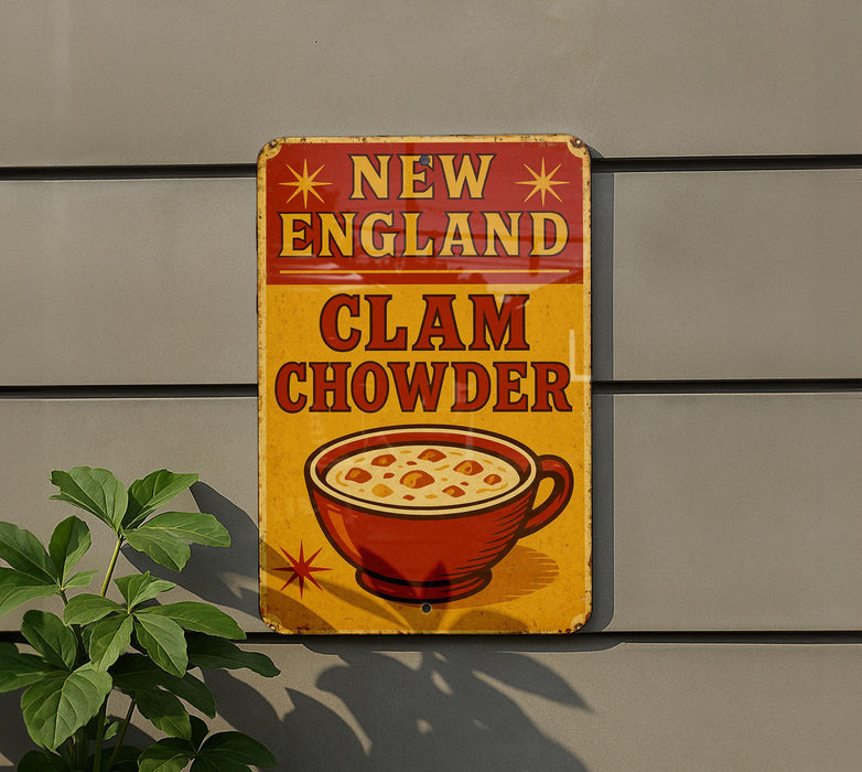 a sign on the side of a building that says new england clam chowder