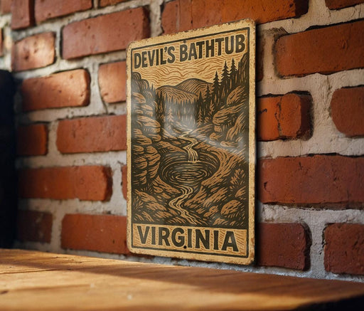 a wooden table sitting in front of a brick wall
