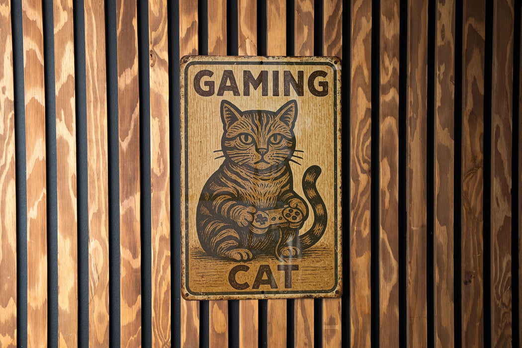a wooden sign with a cat sitting on top of it