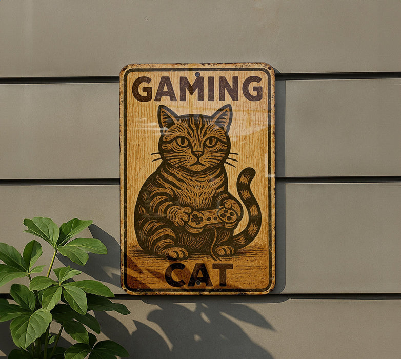 a wooden sign with a cat holding a video game controller
