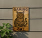 a wooden sign with a cat holding a video game controller