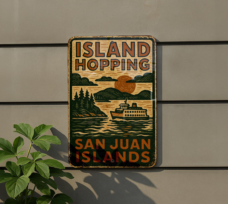 a sign on the side of a building that says island hopping