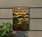 a sign on the side of a building that says island hopping