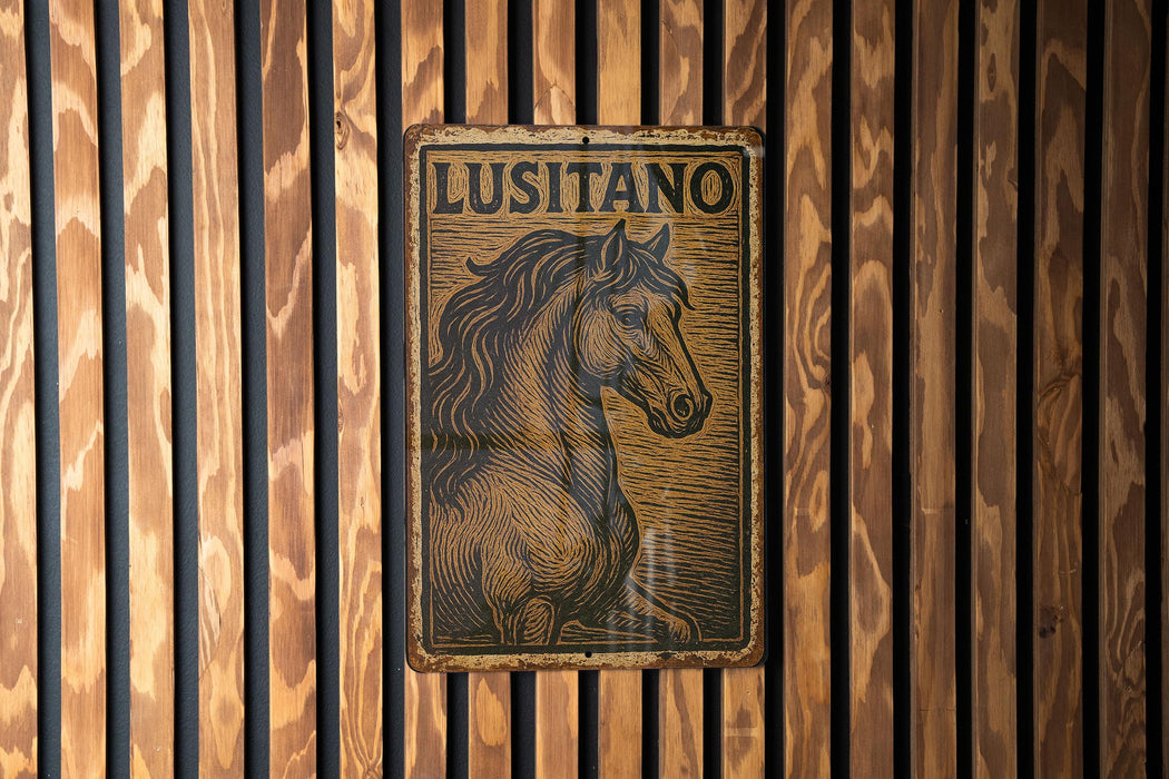 a sign on a wooden wall that says lusitano