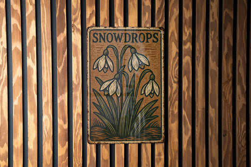 a wooden wall with a sign on it that says snowdrops