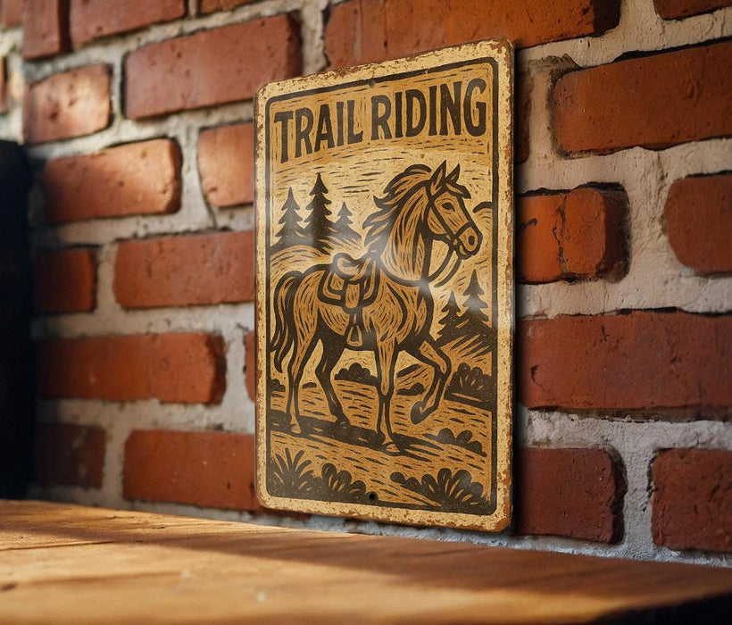 a sign on a brick wall that says trail riding
