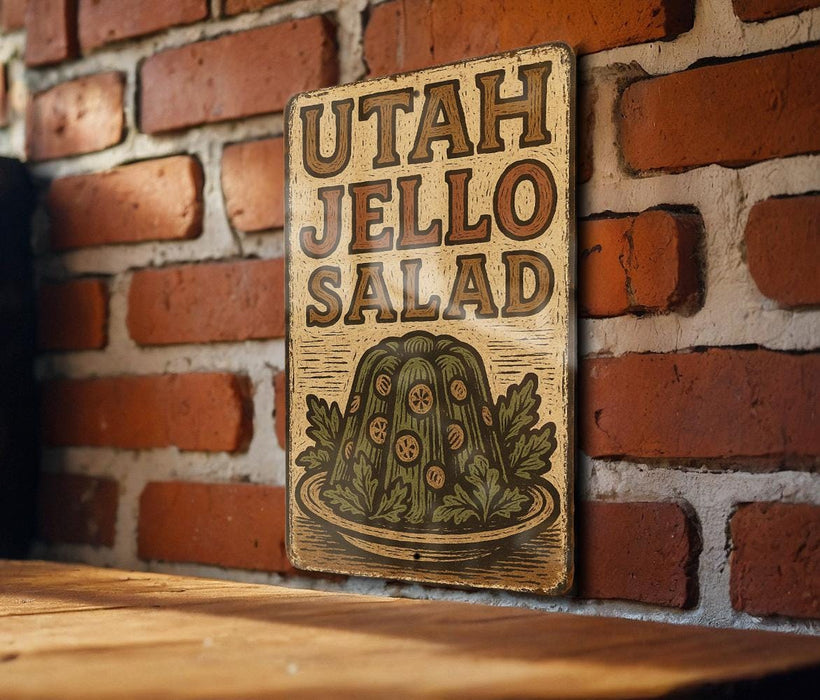a sign on a brick wall that says utah jello salad