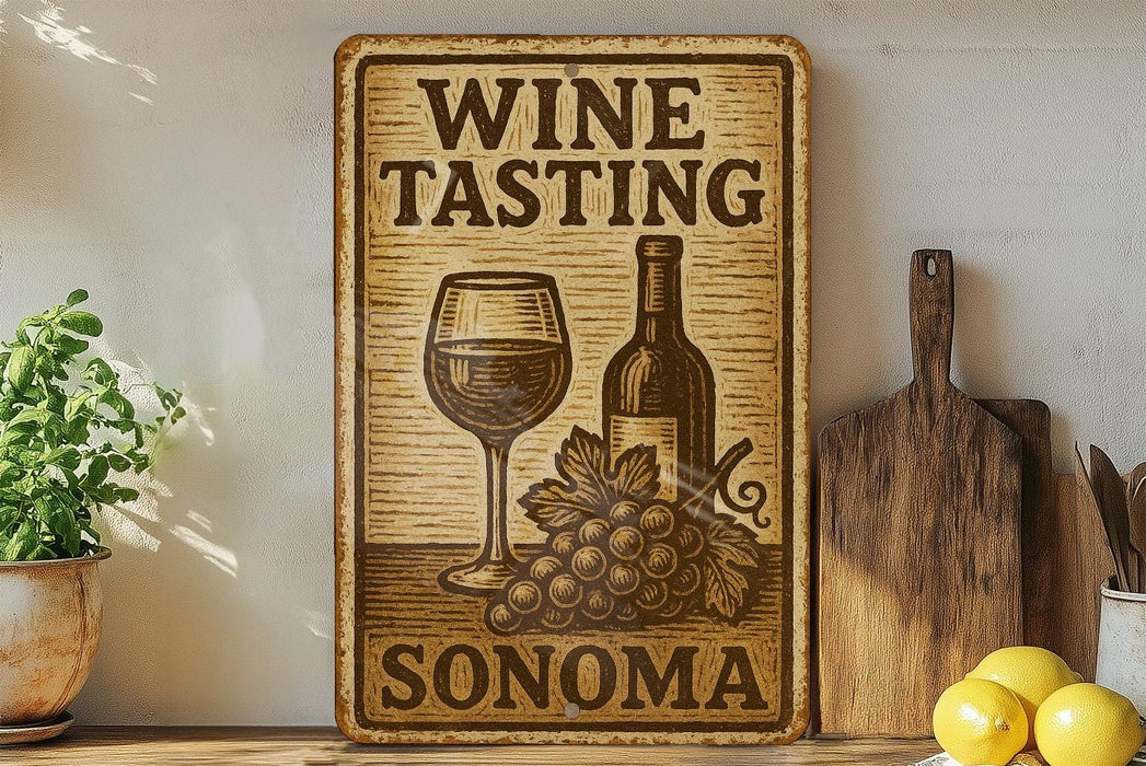 a wine tasting sign on a shelf next to a potted plant