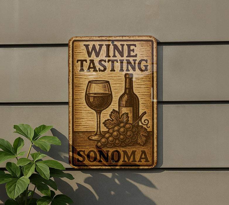 a wine tasting sign on the side of a building