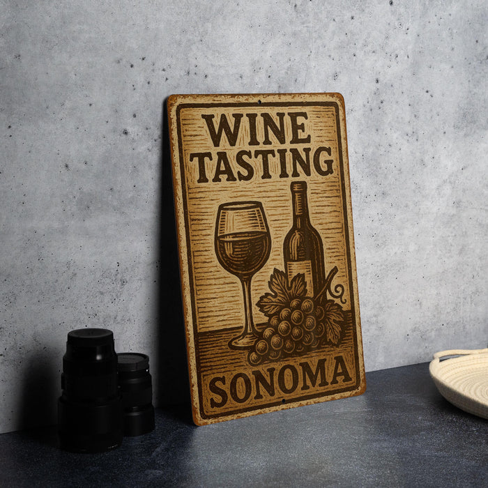 a wine tasting sign with a glass of wine next to it