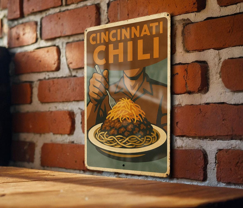 a poster of a man eating spaghetti on a brick wall
