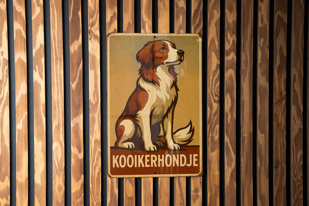 a sign with a dog sitting on top of it