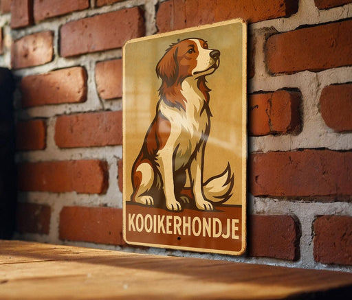 a sign on a brick wall with a dog on it