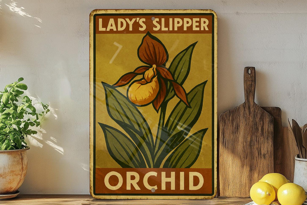 a picture of a lady's slipper orchid on a shelf