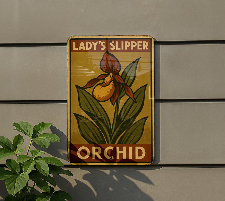 a sign on a wall that says lady's slipper orchid