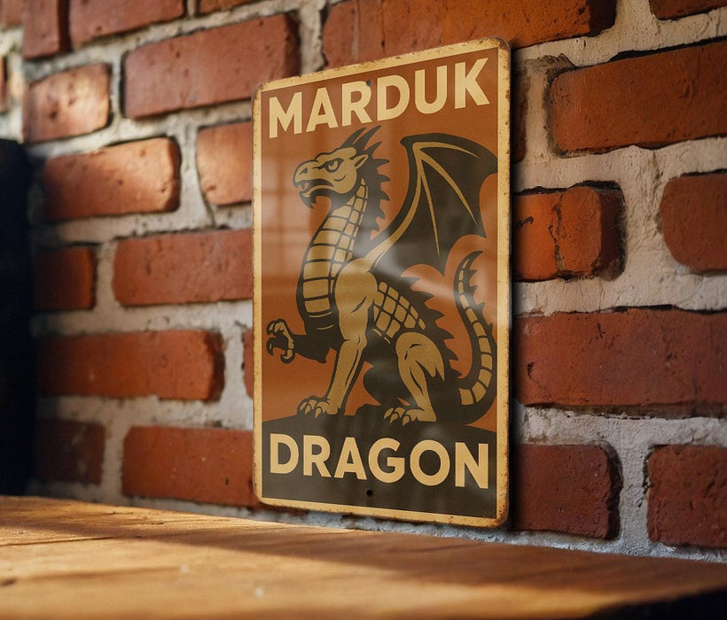 a sign on a brick wall that says marduk dragon