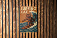 a cat surfing on a surfboard on a wooden wall