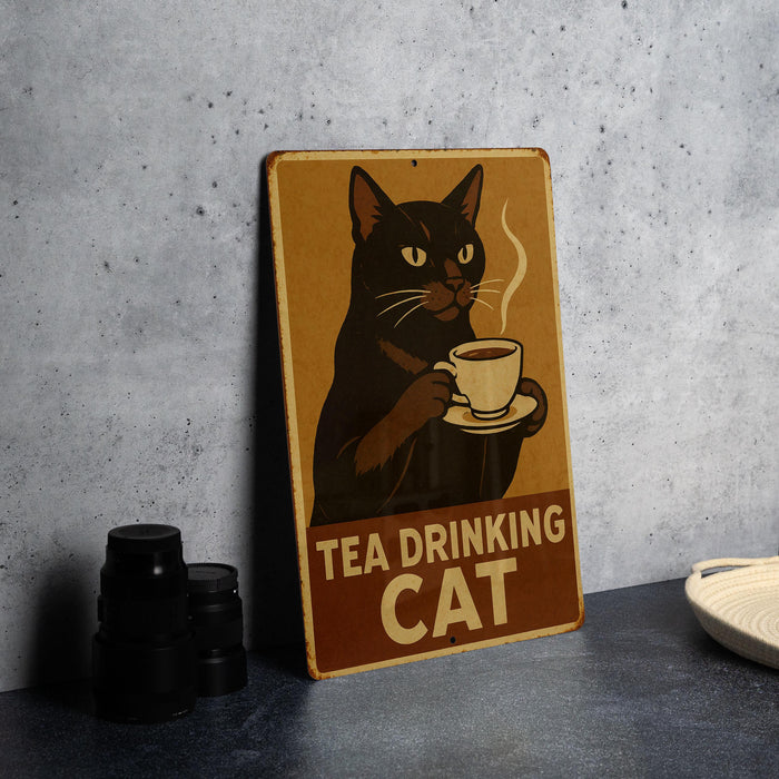 a sign that says tea drinking cat with a cat drinking from a cup