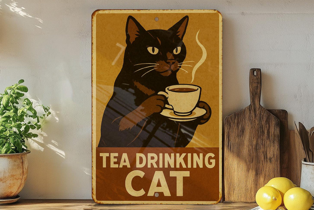 a picture of a cat drinking a cup of tea