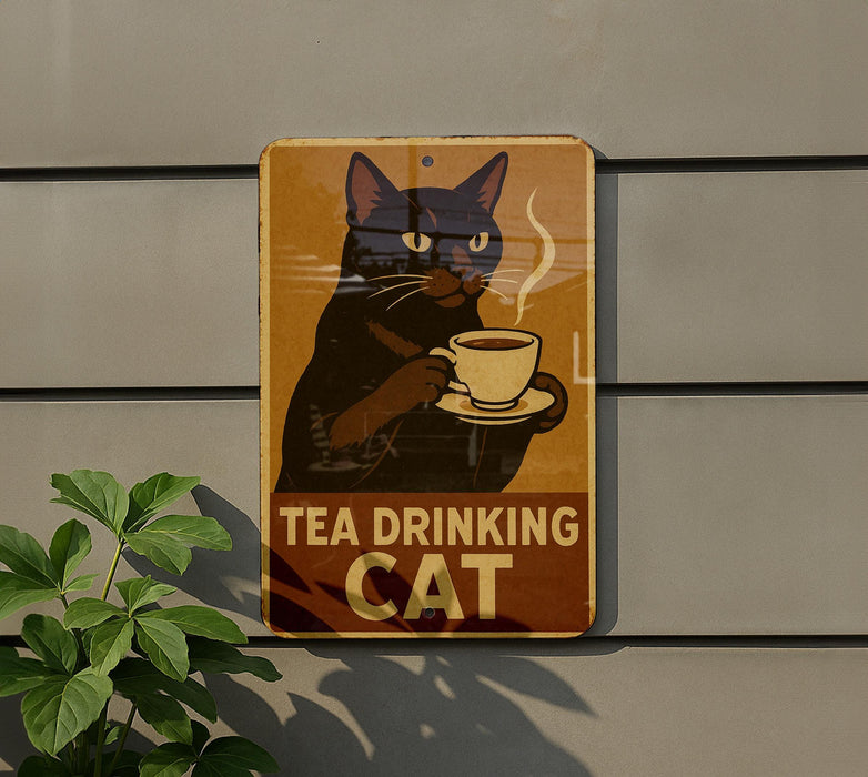 a sign with a cat holding a cup of coffee