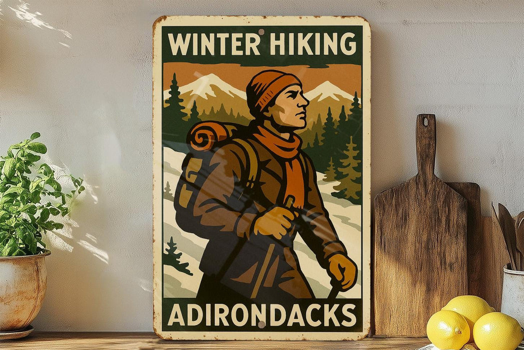 a poster of a man with a backpack on a shelf