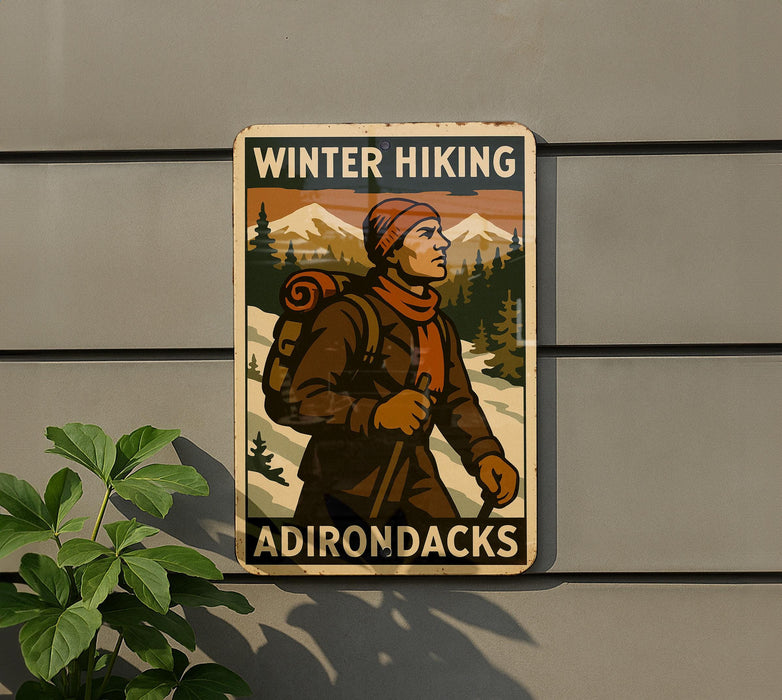 a sign on the side of a building that says winter hiking adirondacks
