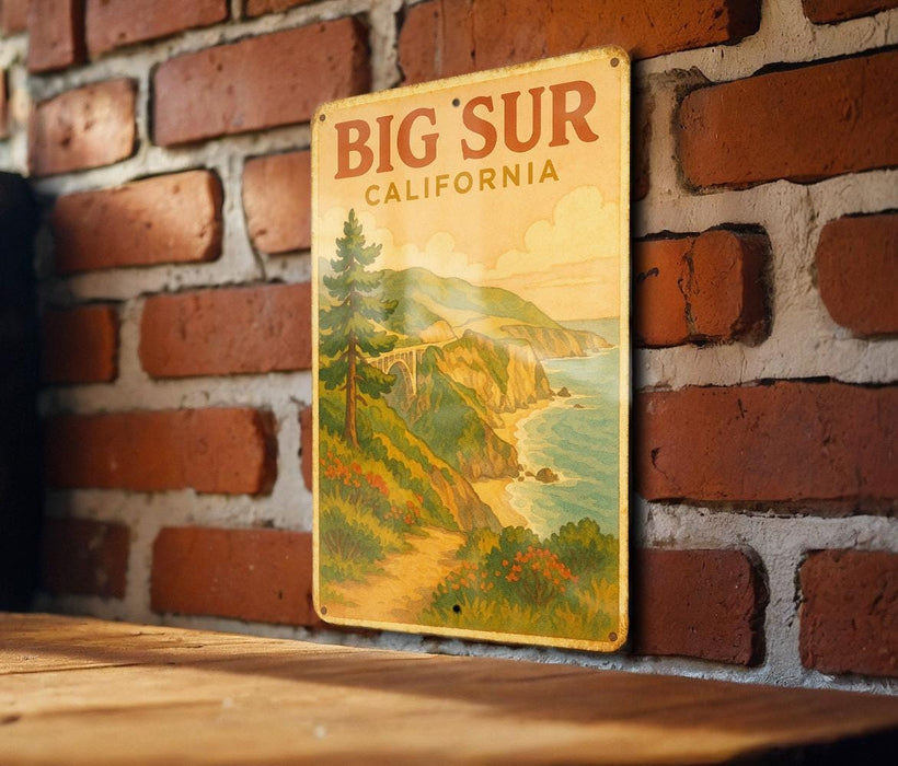 a picture of a big sur california sign on a brick wall
