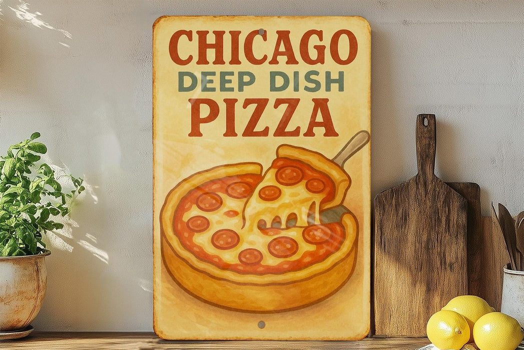a sign that says chicago deep dish pizza