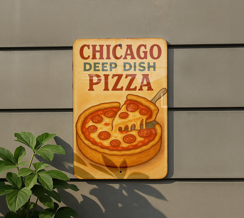 a sign on the side of a building advertising a deep dish pizza
