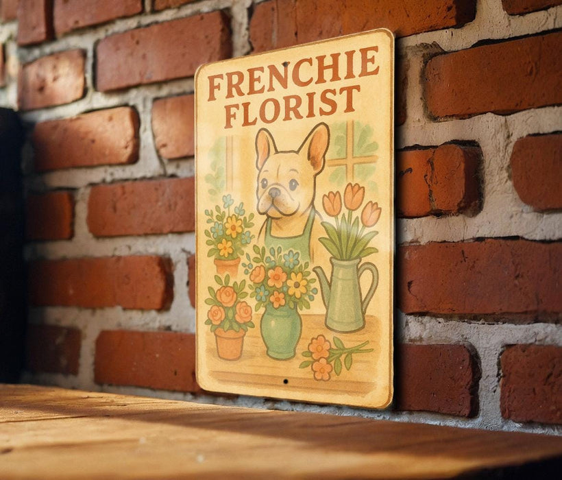 a frenchie florist sign on a brick wall