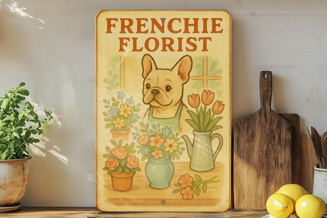 a frenchie florist sign on a shelf next to a potted plant